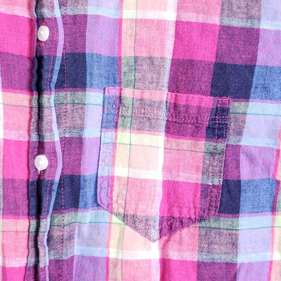 Gap Women's M Linen Blend Plaid Boyfriend Fit Long Sleeve Button Up Shirt Pink - Picture 4 of 6